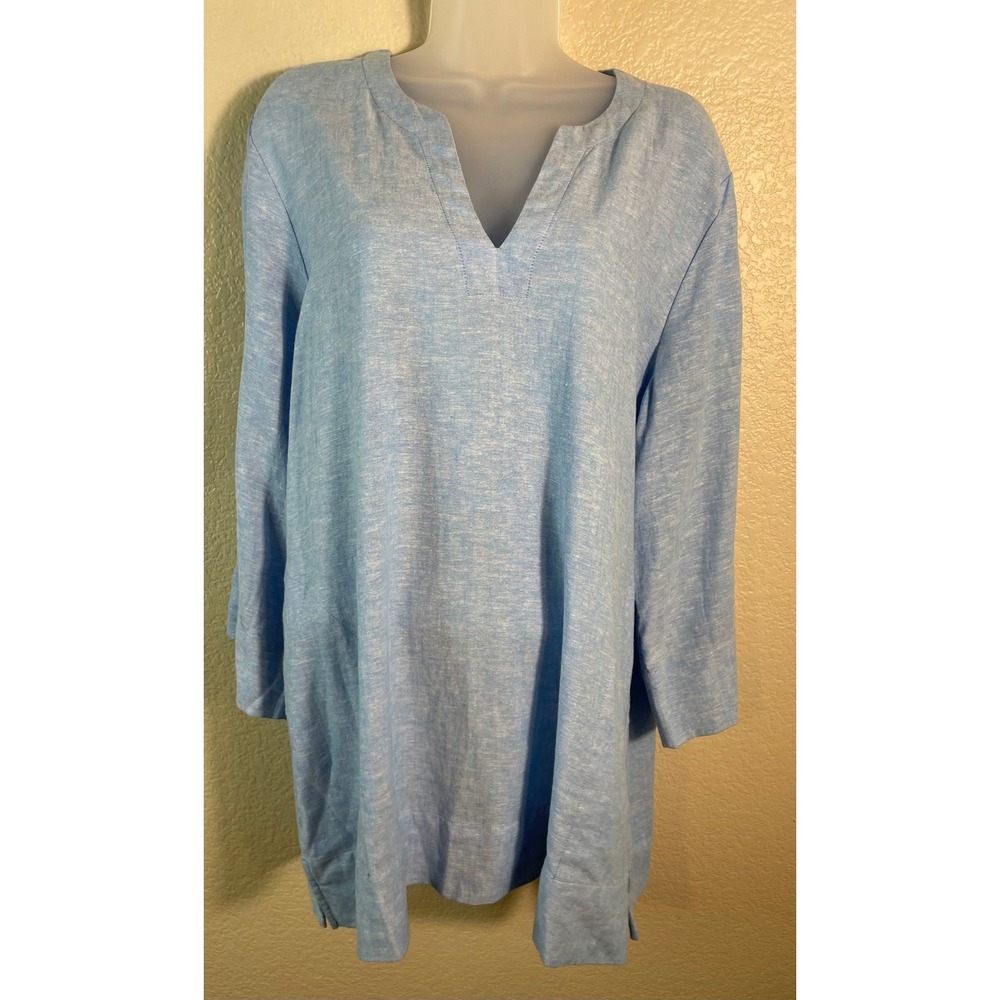 Lands End Womens Large Tunic Top Light Blue Linen Blend Split Neck 3/4 Sleeve